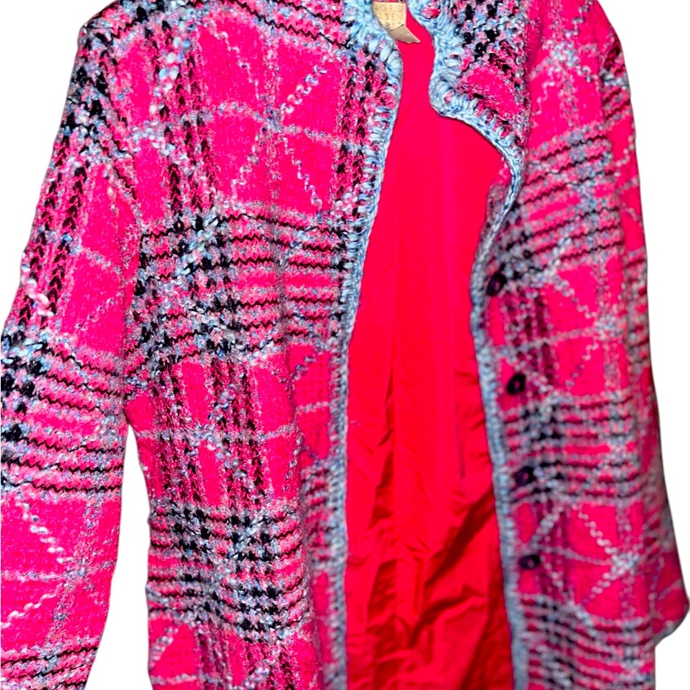 Sigrid Olsen Pink and Black Blazer Bold Plaid Statement